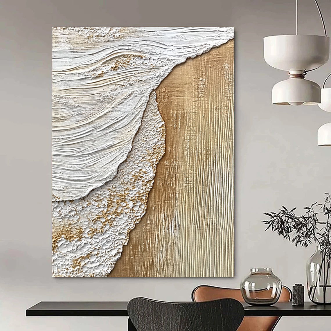 Beige and White Textured Shore Abstract Painting with Coastal Elements GAB0070