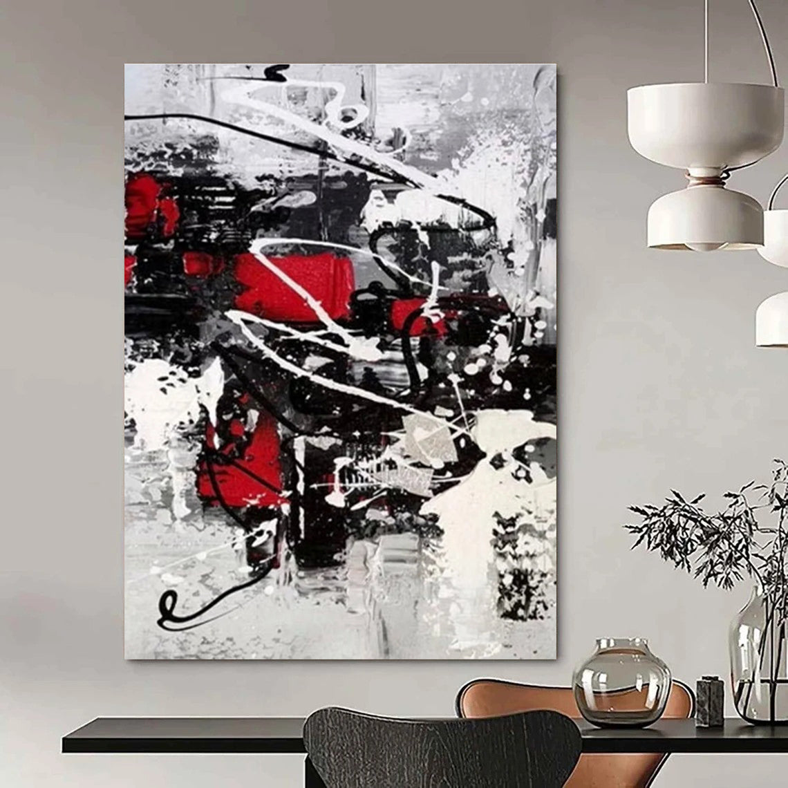 Red - Black - White Dynamic Abstract Painting for Creative Studios HENG383