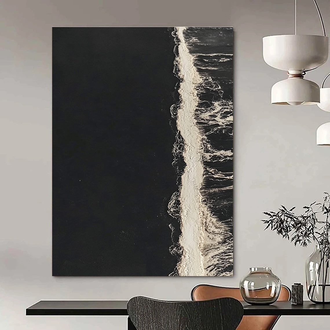 Black and White Wave Contrast Abstract Painting of Minimalist Motion GAB0181