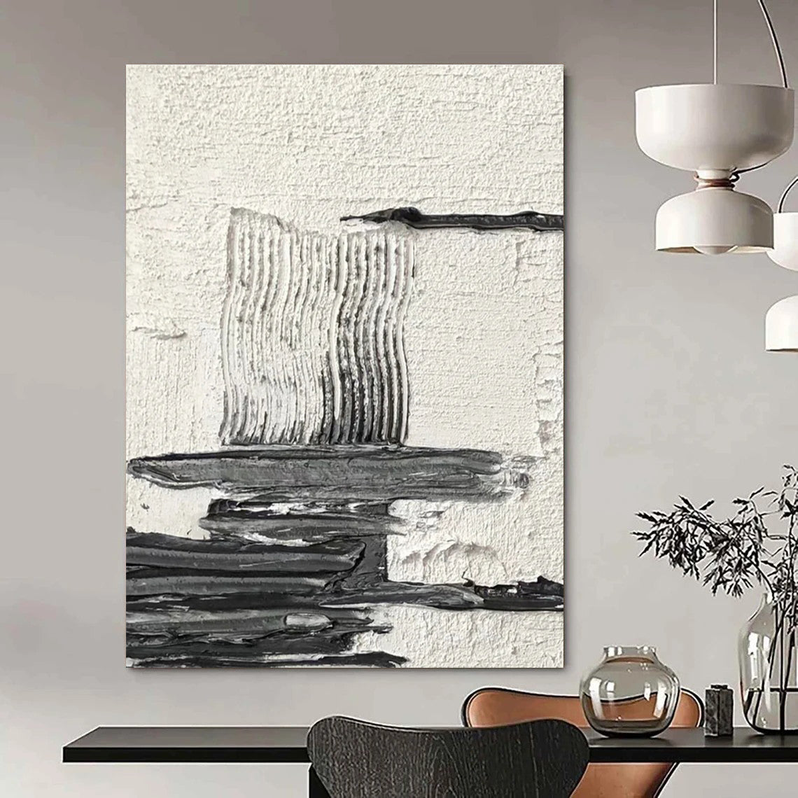 Black - White Textured Abstract Composition Painting for Minimalist Studies HENG388