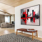 Red and Black Cityscape Abstract Painting with Reflective Elements ABS398