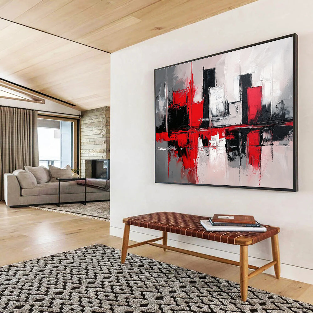 Red and Black Cityscape Abstract Painting with Reflective Elements ABS398