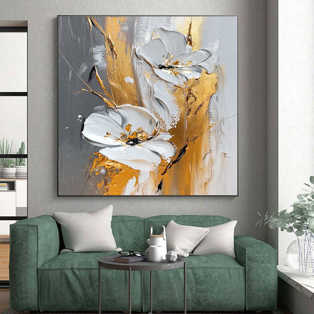 White Gold Floral Abstract Painting with Luxe Petals WINK603