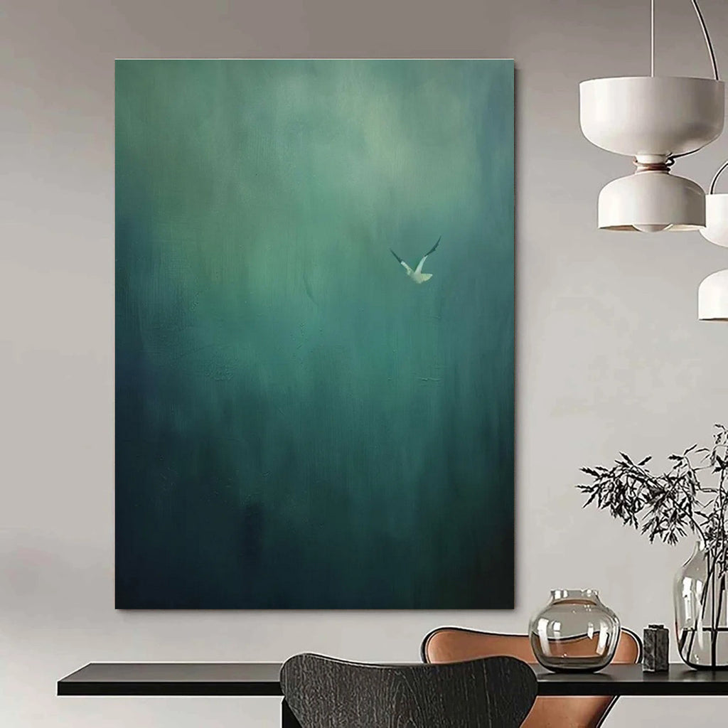 Solitary Bird in Green Abstract Painting for Peaceful Meditation Rooms HENG477