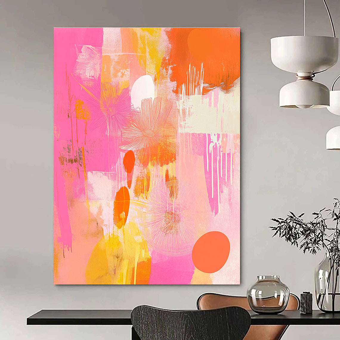 Pink and Orange Abstract Floral Painting for Cheerful Interiors GAB1452