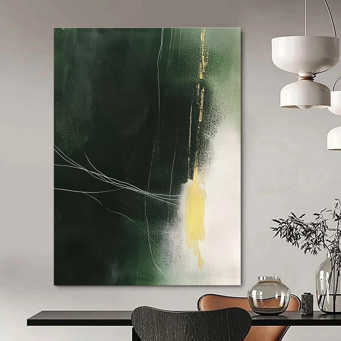 Dark Green with Gold and White Abstract Painting of Subtle Luxury GAB0182