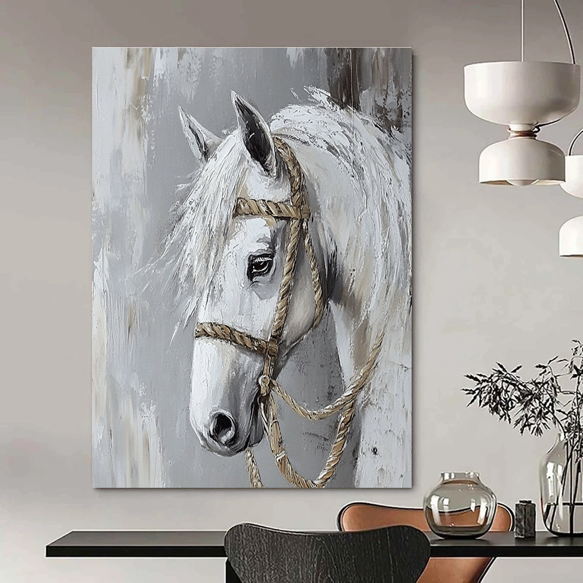 White Horse Portrait Abstract Painting of Equestrian Grace GAB0083