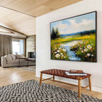Flower - Filled River Landscape Abstract Painting with Vibrant Nature ABS594