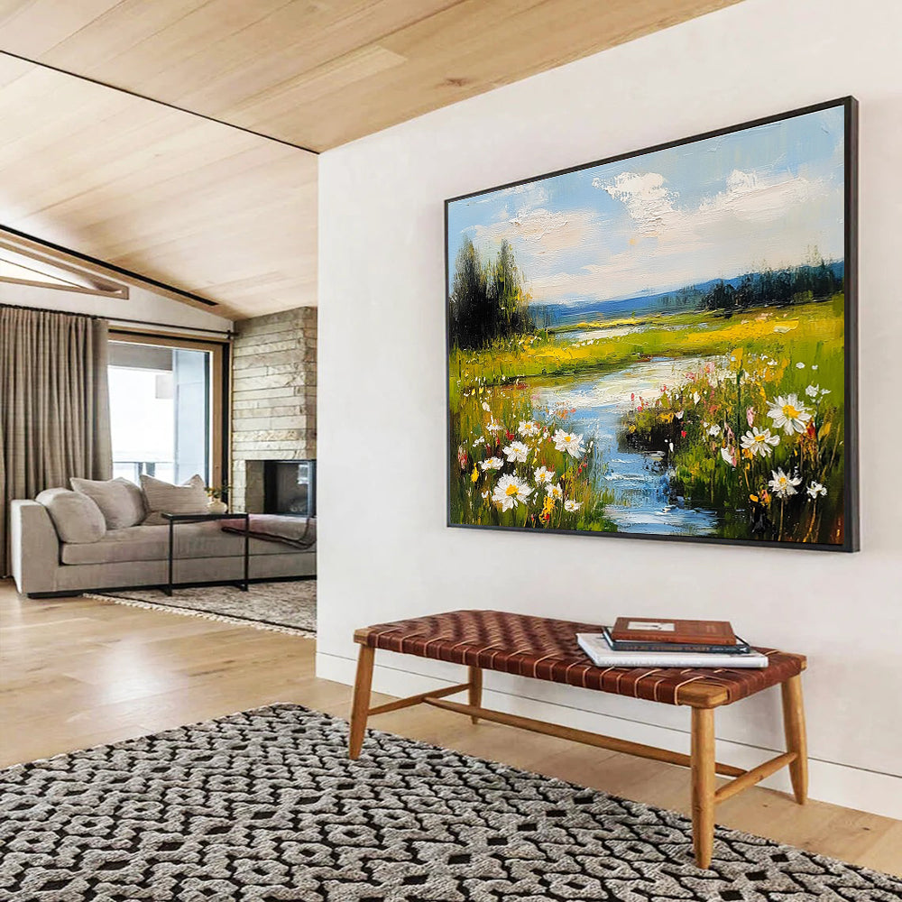 Flower - Filled River Landscape Abstract Painting with Vibrant Nature ABS594