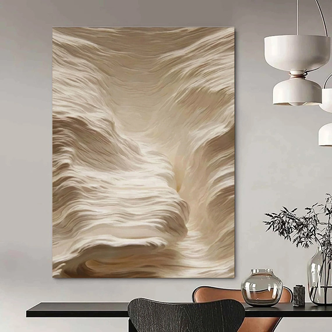 Textured Beige Waves Abstract Painting for Spa Reception Areas HENG023