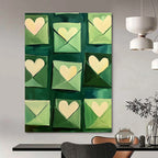 Green Envelopes with Hearts Whimsical Abstract Painting for Romantic Spaces GAB1436