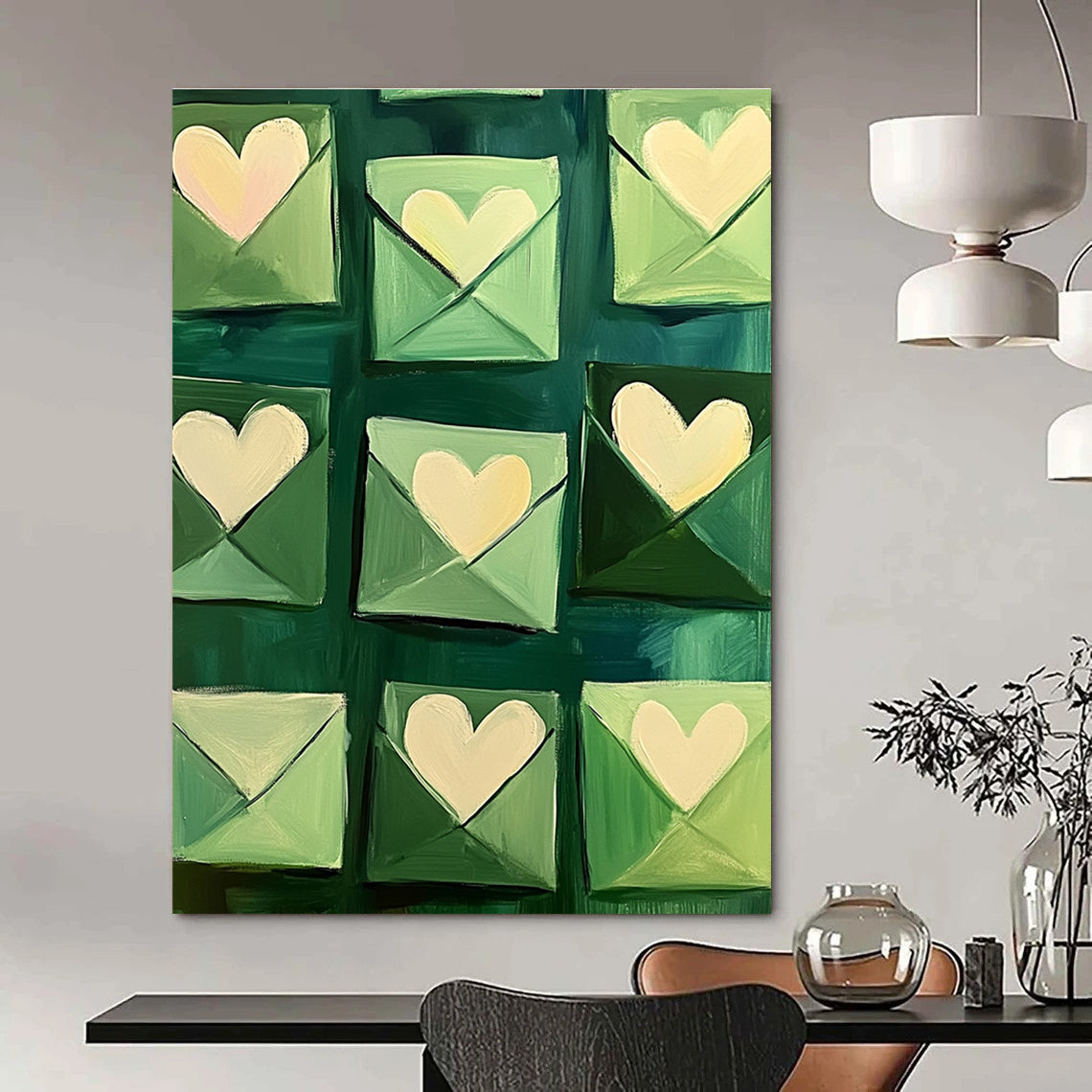 Green Envelopes with Hearts Whimsical Abstract Painting for Romantic Spaces GAB1436