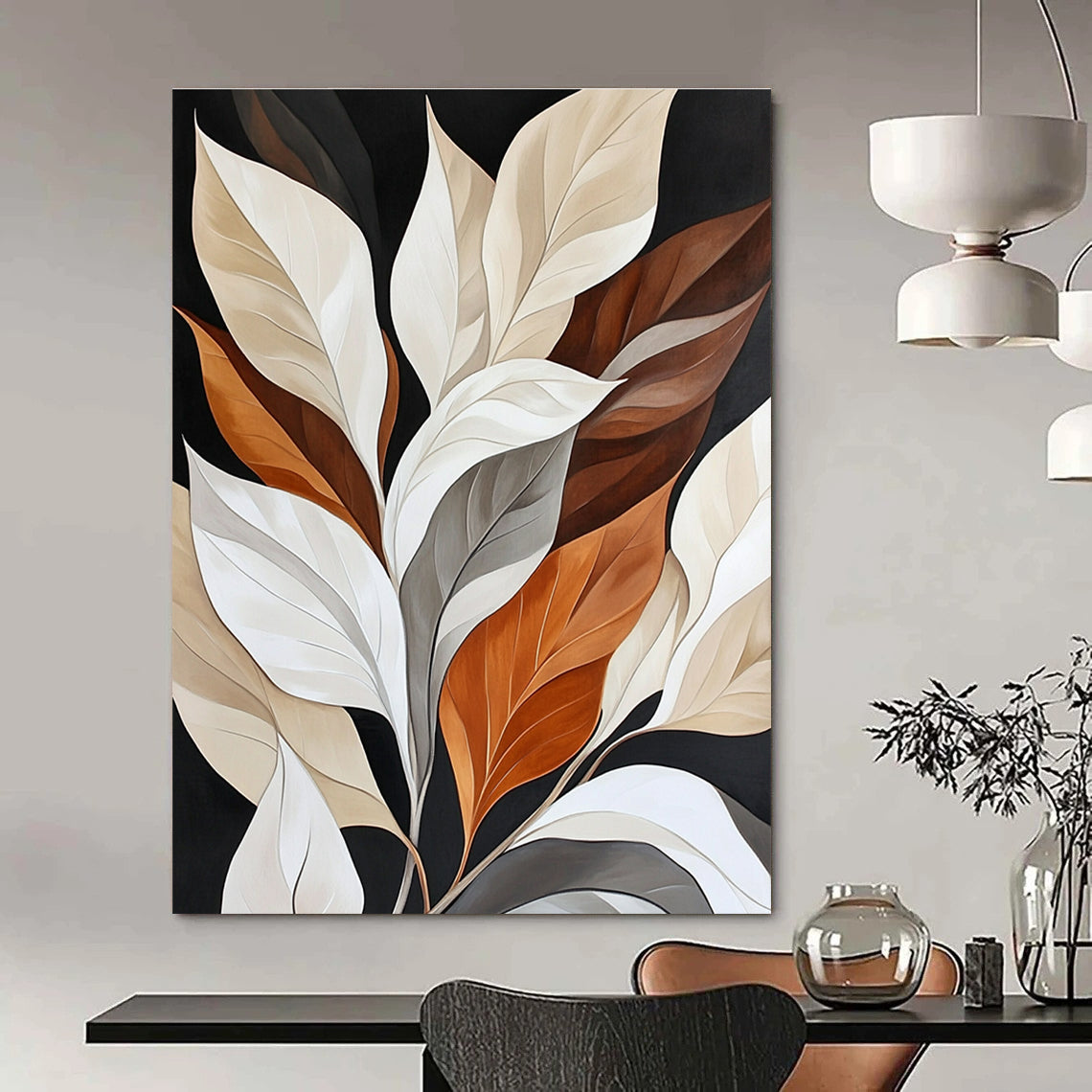 Colorful Leaves on Black Sophisticated Botanical Abstract Painting GAB0303
