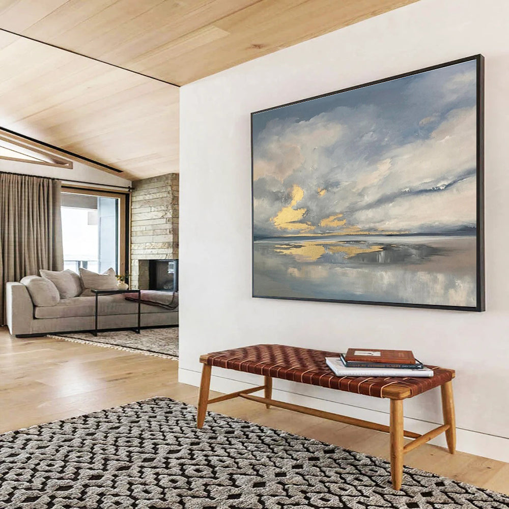 Cloudy Sea Reflection Abstract Painting for Tranquil Bedroom Retreats YHT255
