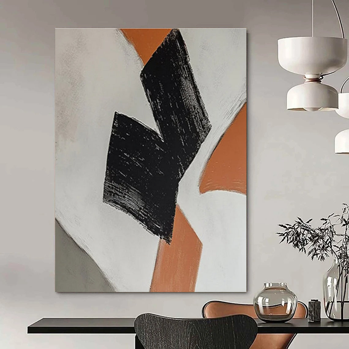 Black - Orange Minimalist Abstract Painting for Scandinavian - Style Homes HENG111