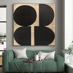 Black Oval Shapes on Woven Background Abstract Painting with Textured Geometry WINK242