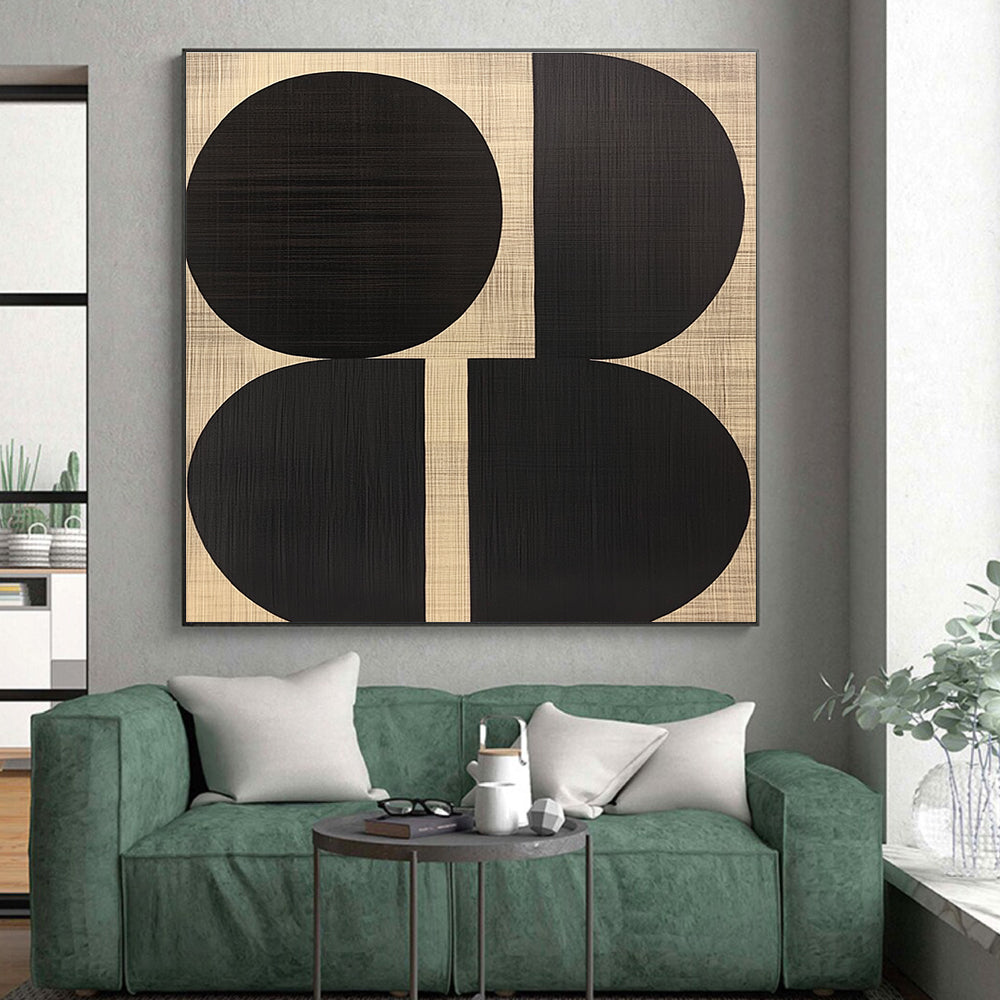 Black Oval Shapes on Woven Background Abstract Painting with Textured Geometry WINK242