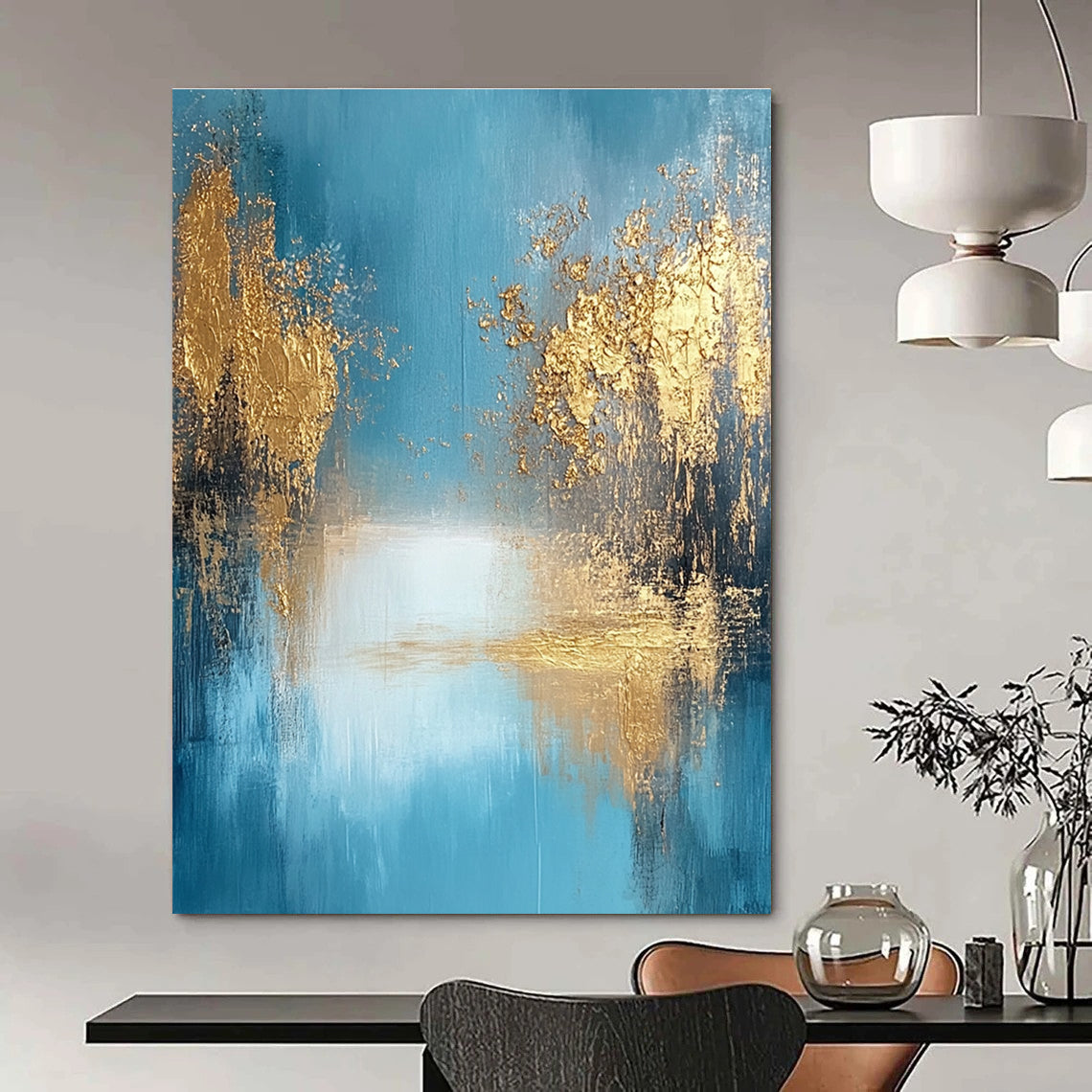 Blue and Gold Abstract Landscape Painting for Luxury Spa Reception Areas GAB1184