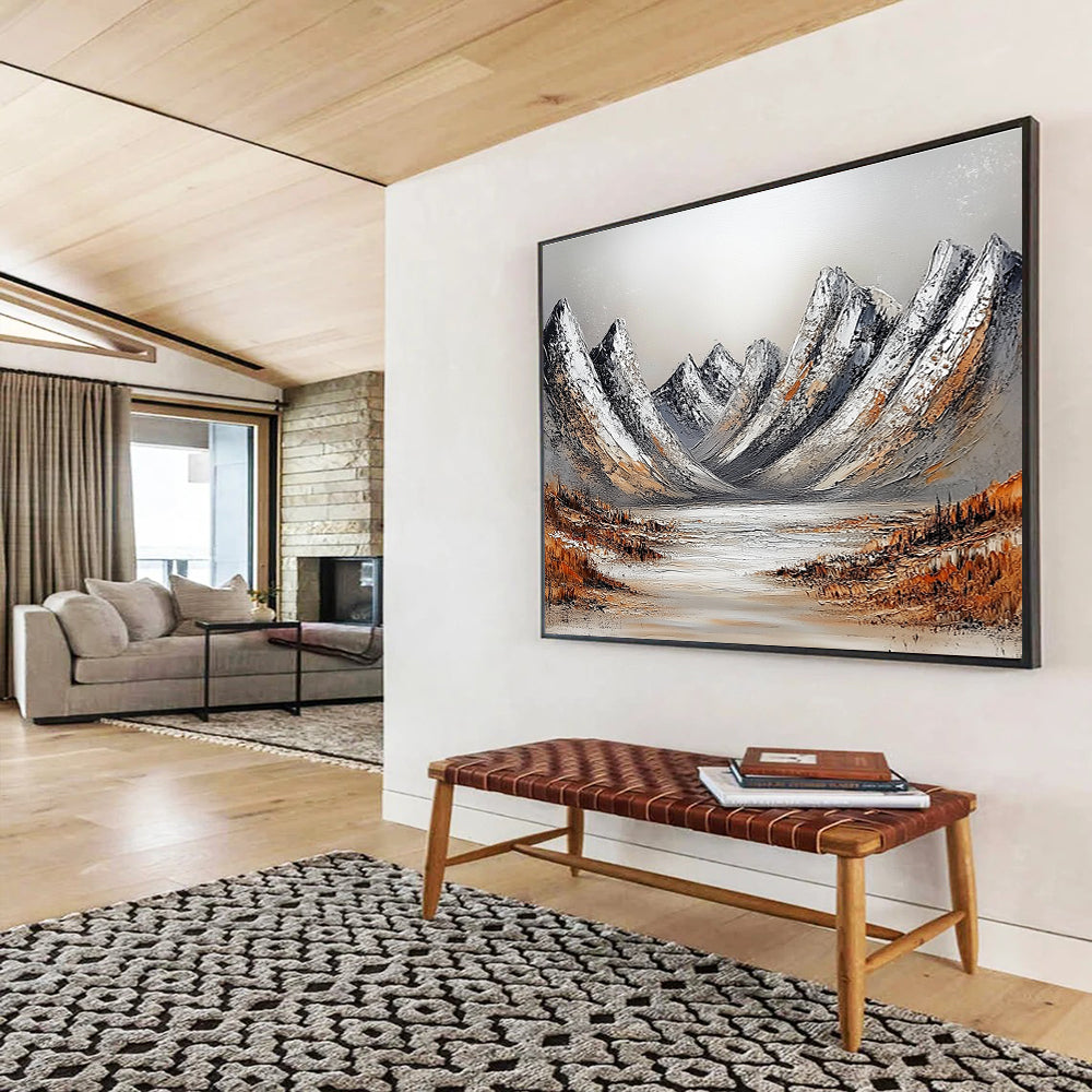 Snowy Mountains with Lake Abstract Painting with Frosty Serenity ABS608