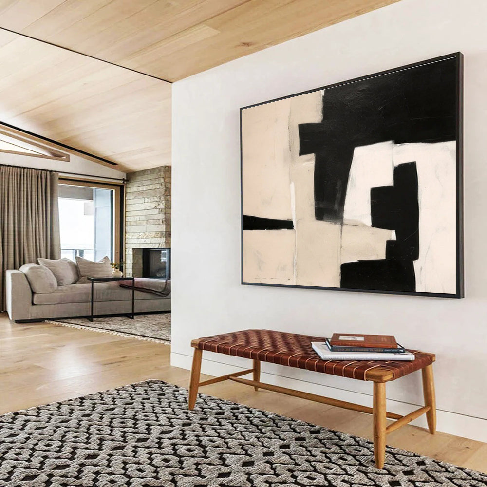 Black - White Geometric Abstract Painting for Modern Minimalist Spaces YHT070