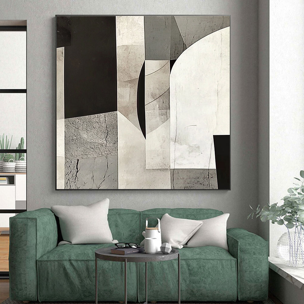 Gray and Black Geometric Collage Abstract Painting with Textured Complexity WINK014