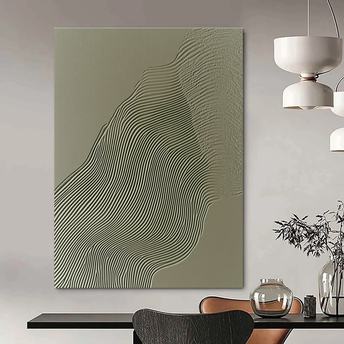 Green Wavy Lines on Grey Abstract Painting with Textured Patterns GAB0063