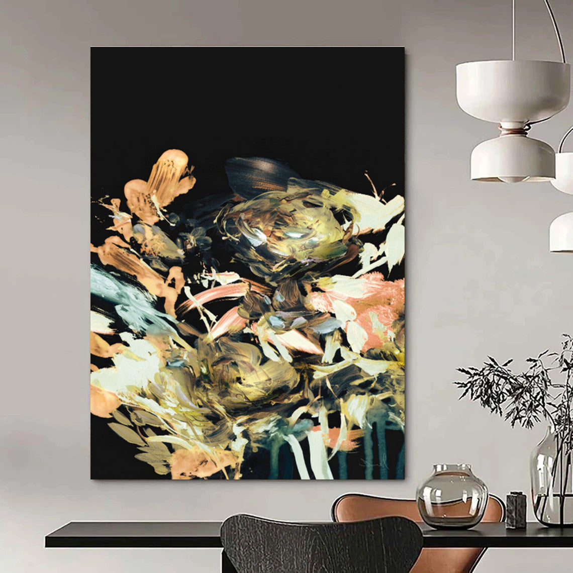 Colorful Floral Abstract on Black Painting for Luxury Home Dining Rooms HENG171