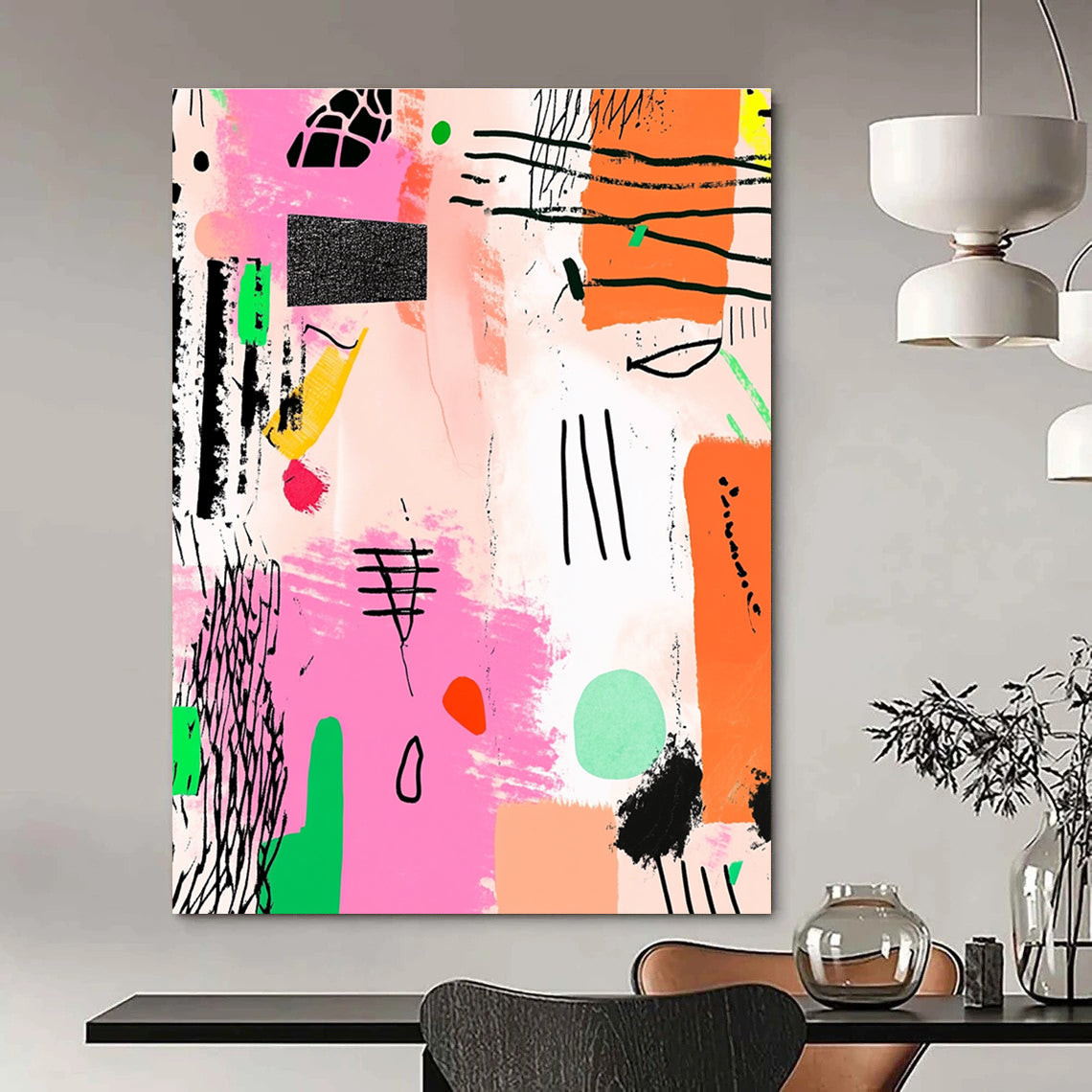 Pink and Green Abstract Doodles Painting of Spontaneous Creativity GAB0115
