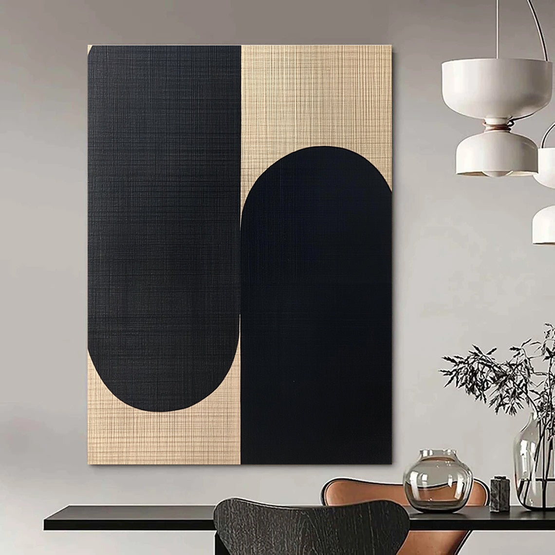 Black and Beige Oval Shapes Abstract Painting for Monochrome - Themed Spaces GAB1357