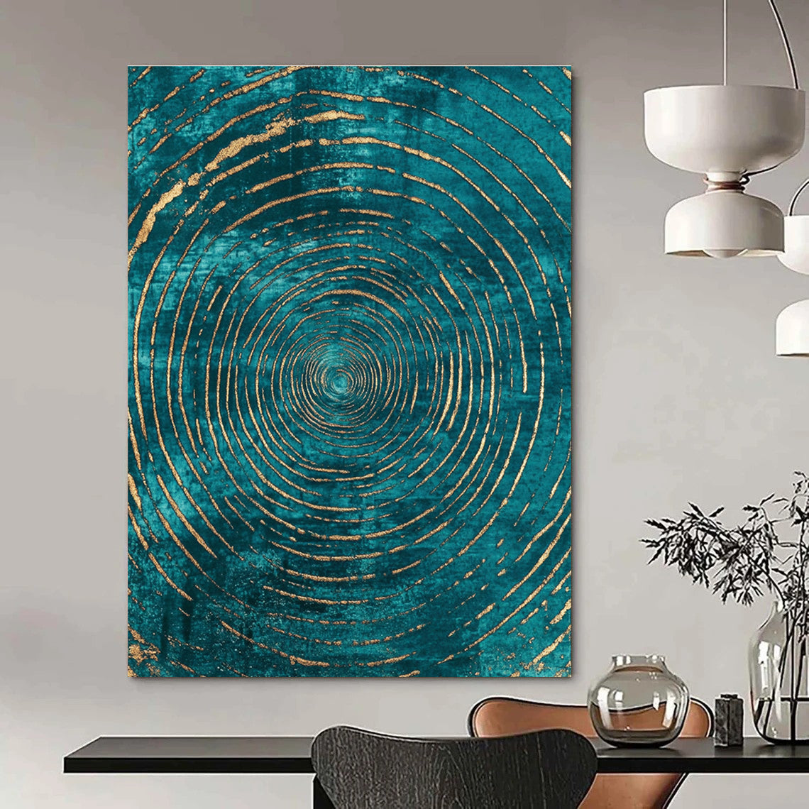 Teal and Gold Circles Luxurious Abstract Painting GAB0371