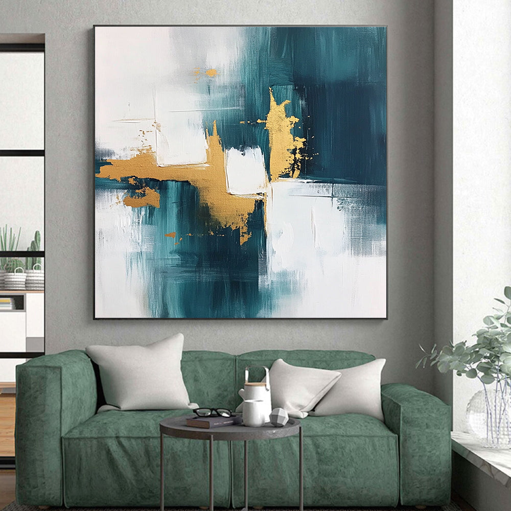Teal Gold White Abstract Painting with Flowing Luxury WINK676