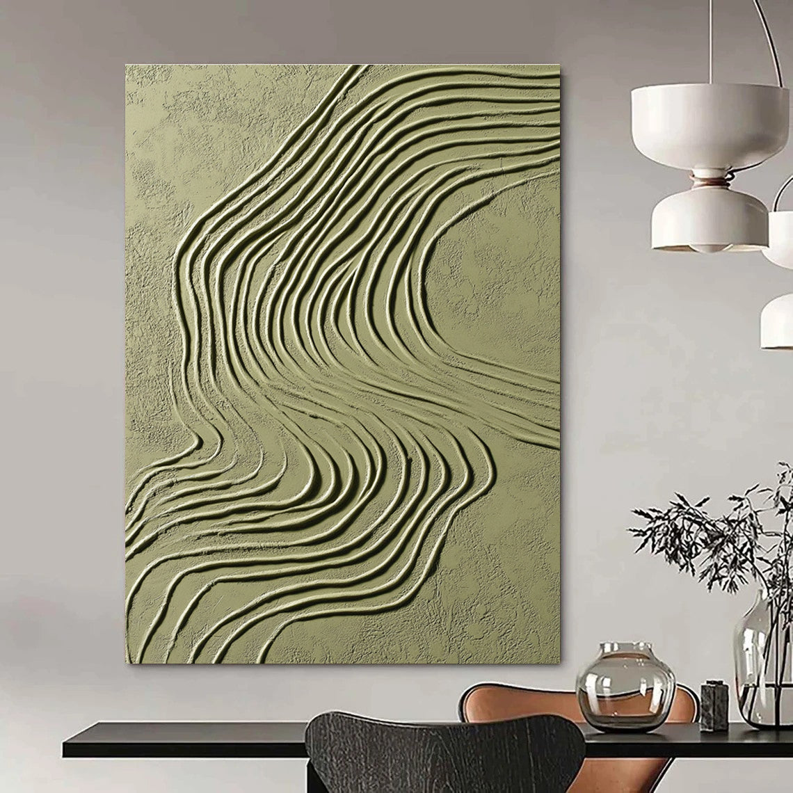 Green Curved Lines on Light Green Abstract Painting with Flowing Textures GAB0064