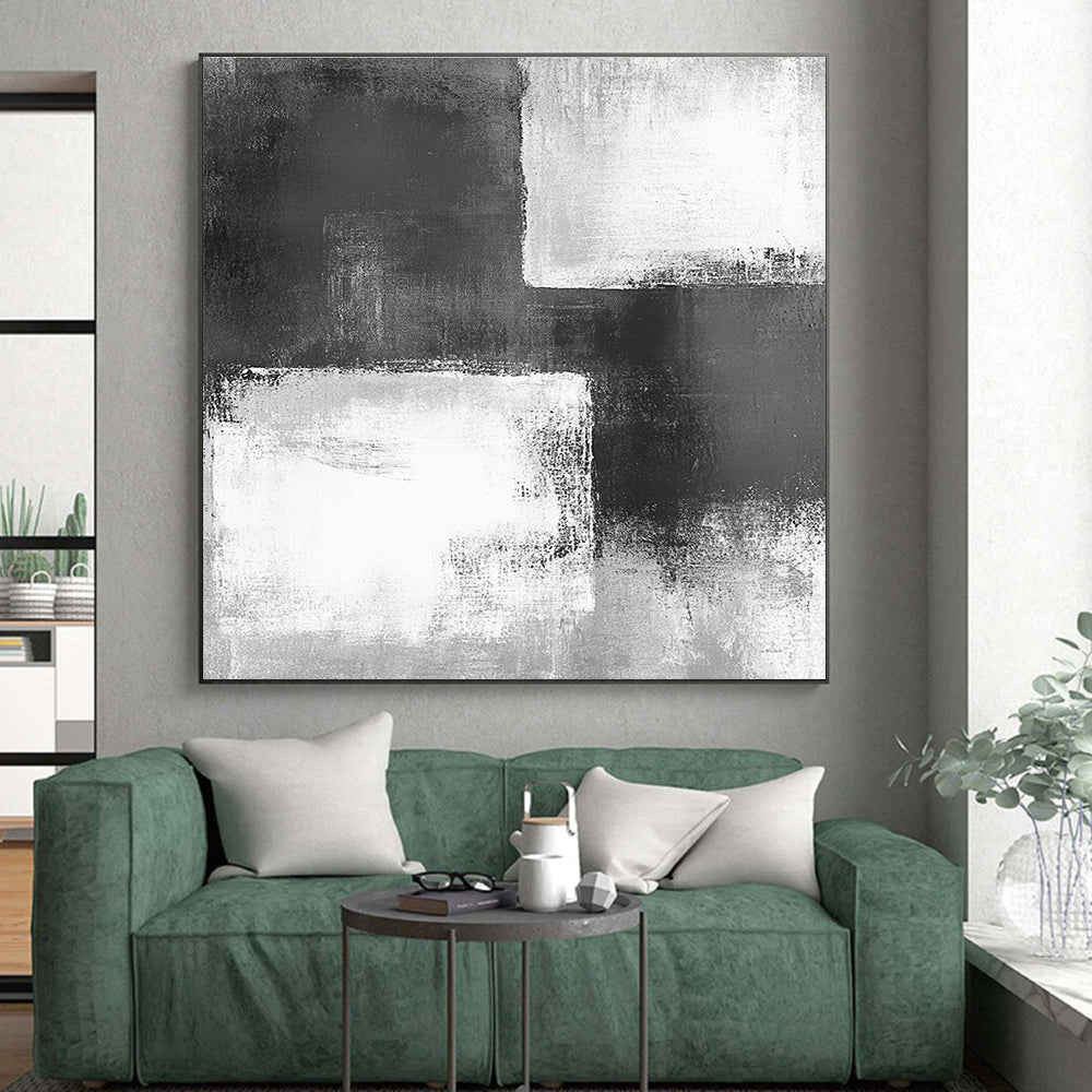 Black - White Abstract Squares Painting with Geometric Intrigue WINK421
