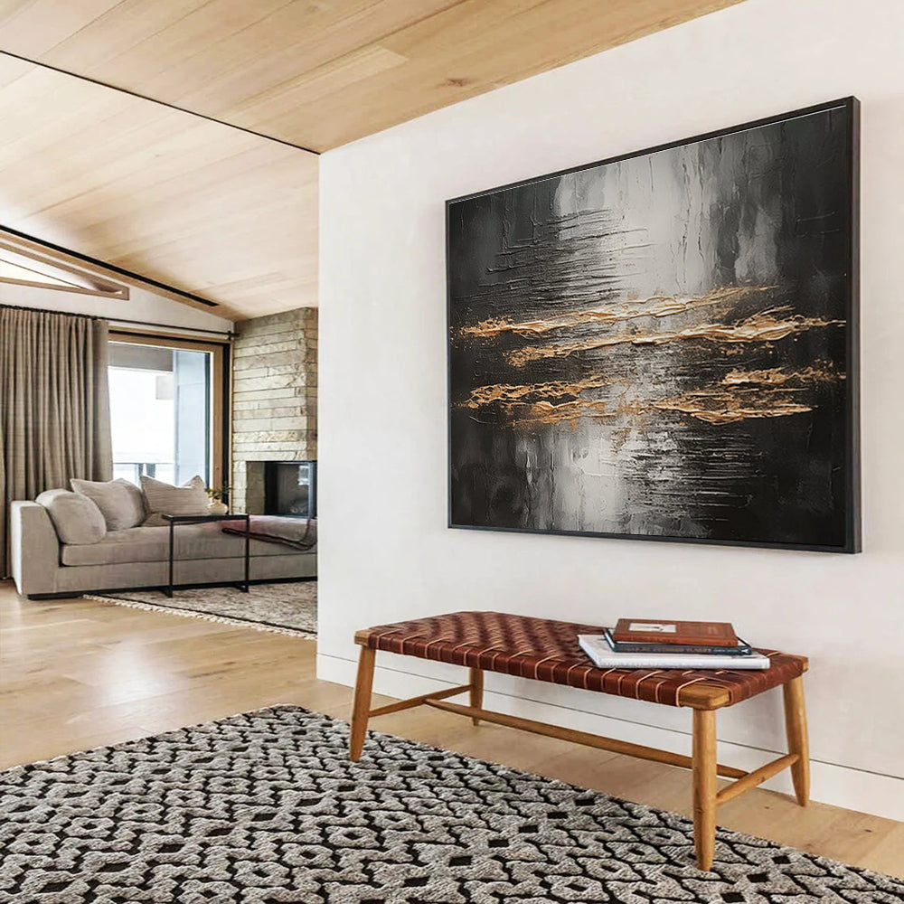 Black and Gold Abstract Stripes Painting for Luxurious Dining Rooms YHT318