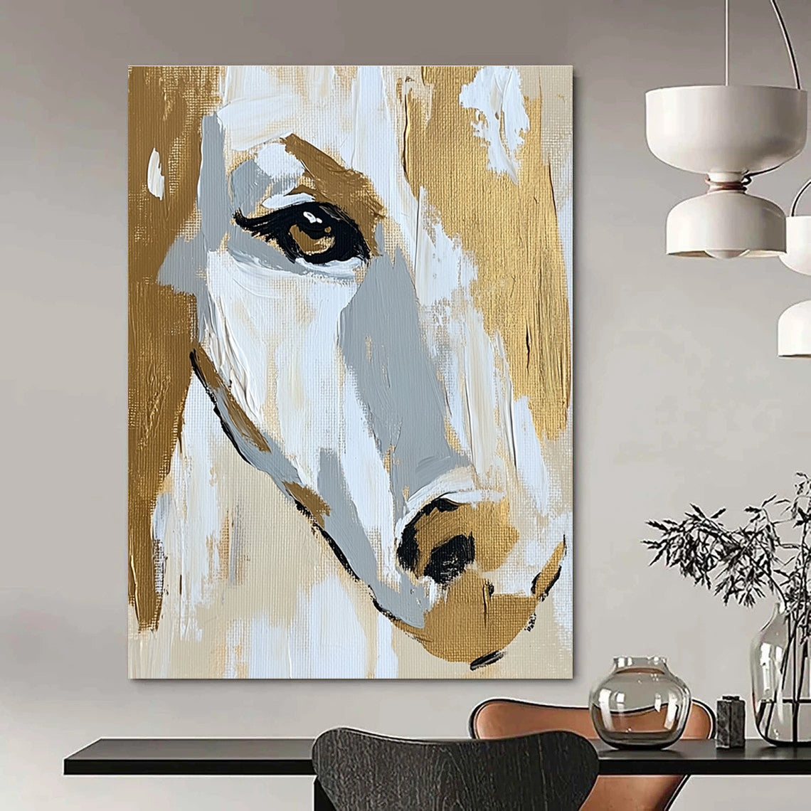 Horse Face in Gold and White - Elegant Equine Abstract Art GAB0511