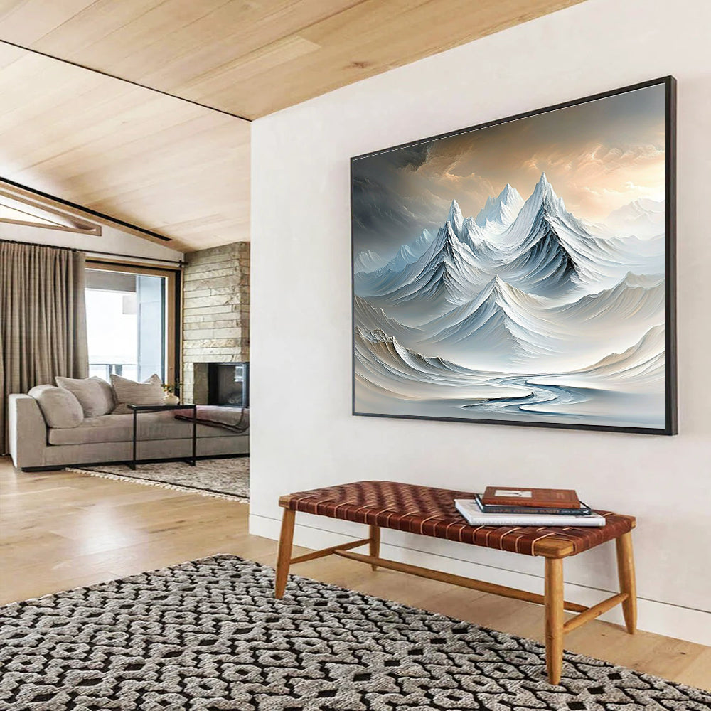Surreal Snowy Mountain Range Abstract Painting with Dreamlike Beauty ABS609