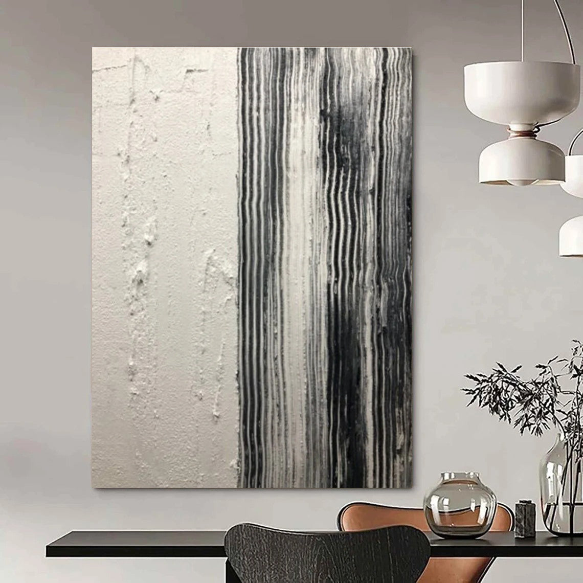 Black - White Striped Textured Abstract Painting for Industrial - Inspired Spaces HENG382