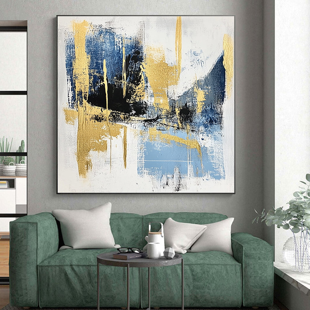 Blue Gold Black Abstract Painting with Elegant Drama WINK523