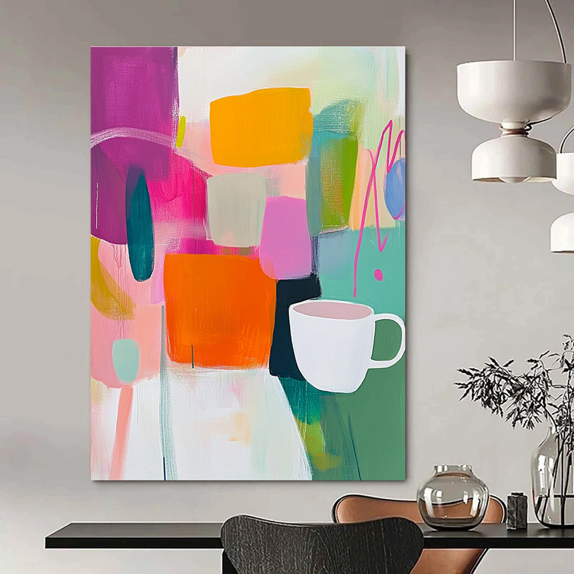 Colorful Abstract with Cup Painting for Modern Café Waiting Areas GAB1220
