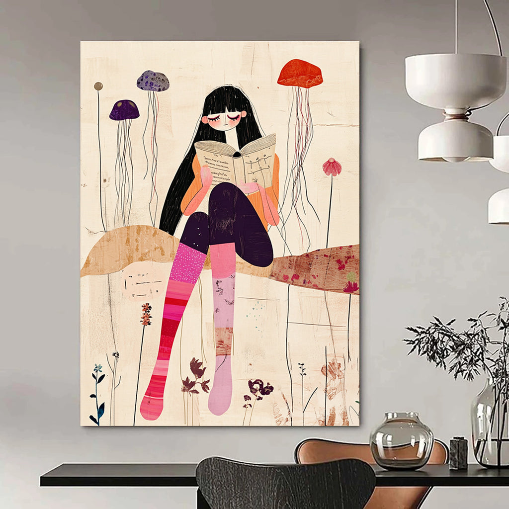 Girl Reading with Jellyfish - Serene Narrative Illustration GAB0398
