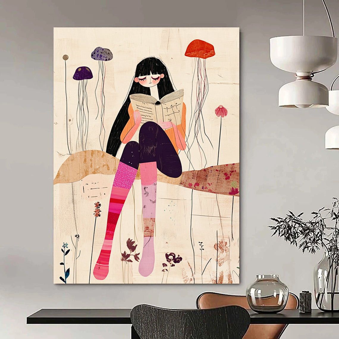 Girl Reading with Jellyfish - Serene Narrative Illustration GAB0398