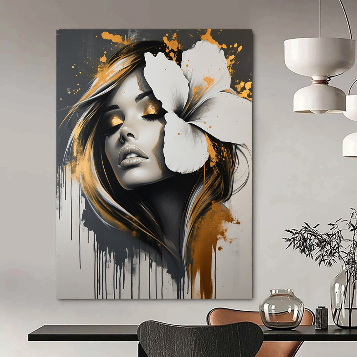 Edgy Floral Woman Portrait Abstract Painting with Urban Flair GAB0019