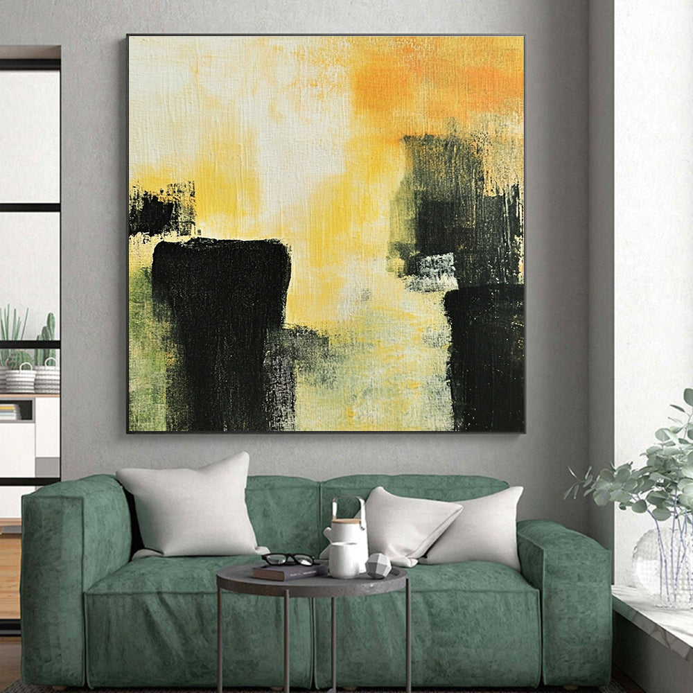Yellow - Black Abstract Forms Painting with Dramatic Contrast WINK433