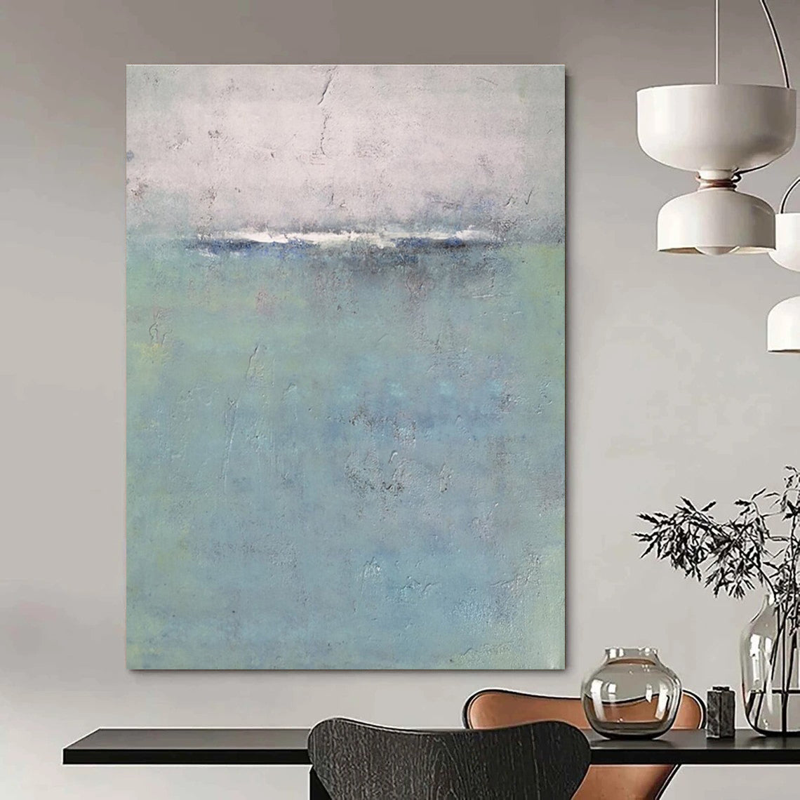 Subtle Toned Abstract Seaside Horizon Abstract Painting for Serene Home Offices HENG354
