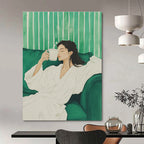Woman with Coffee on Green Sofa Painting of Relaxed Comfort GAB0135