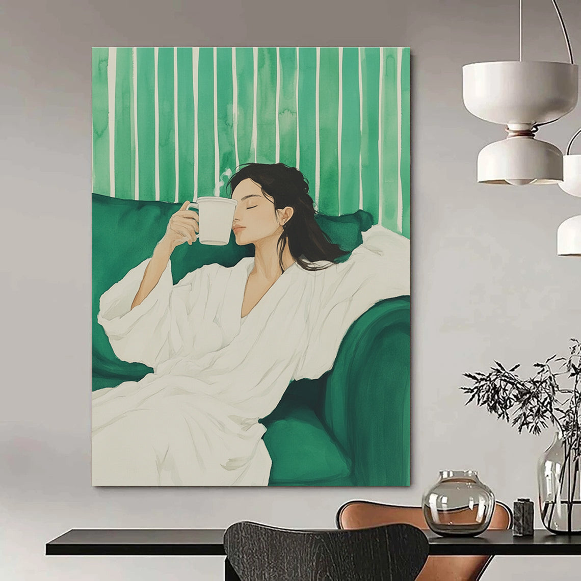 Woman with Coffee on Green Sofa Painting of Relaxed Comfort GAB0135