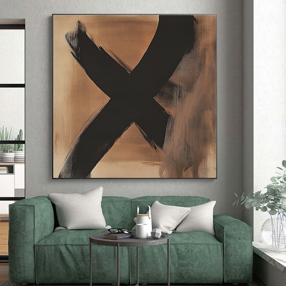 Large Black X on Beige Abstract Painting with Bold Symbolism WINK017