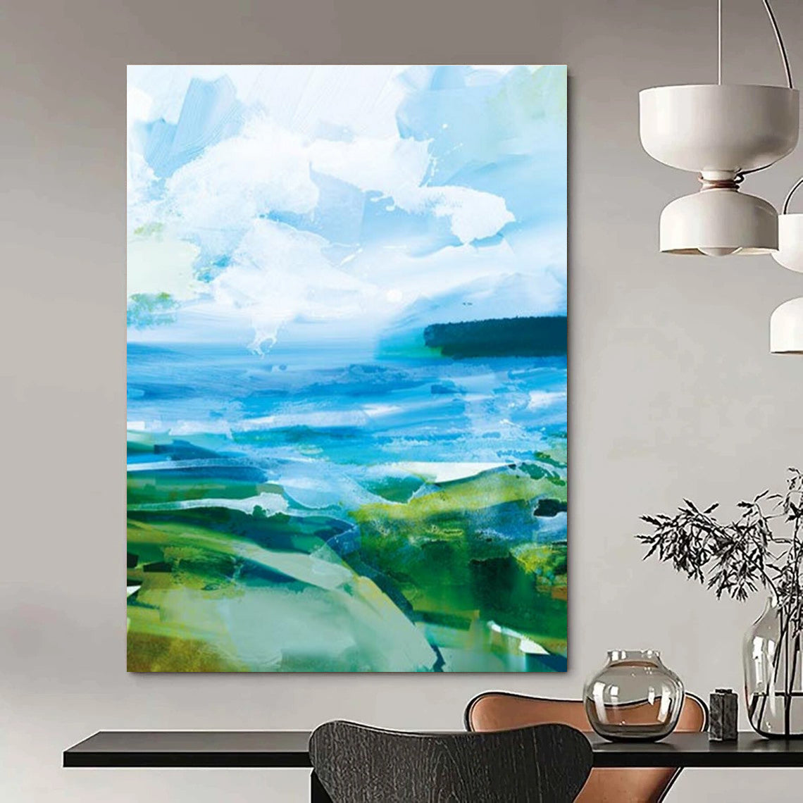 Vibrant Blue - Green Landscape Abstract Painting for Nature - Inspired Cafés HENG183