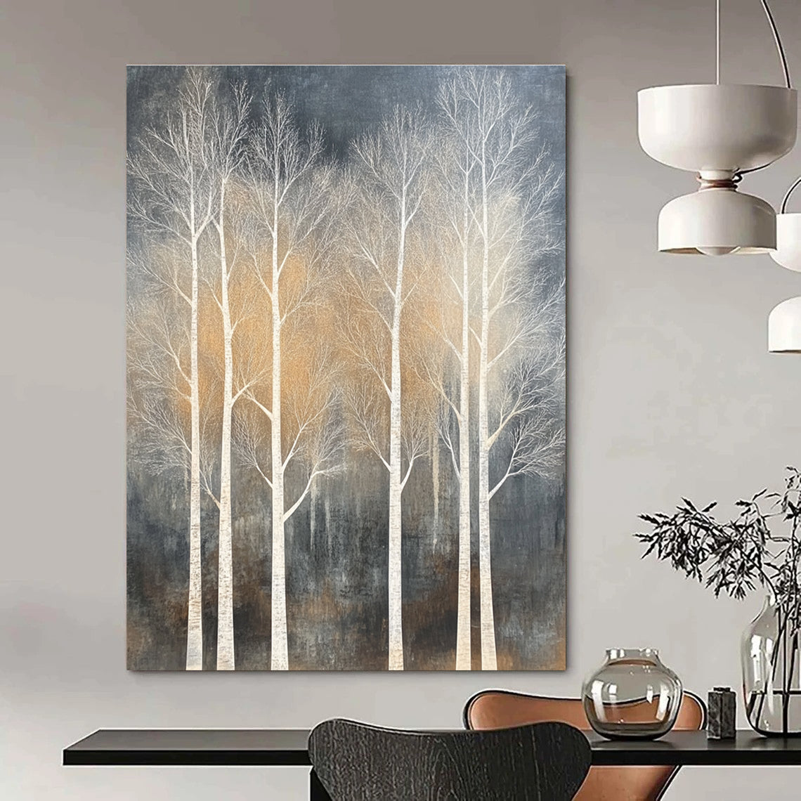 White Trees on Dark Background Abstract Painting for Nature - Inspired Living Rooms GAB0816