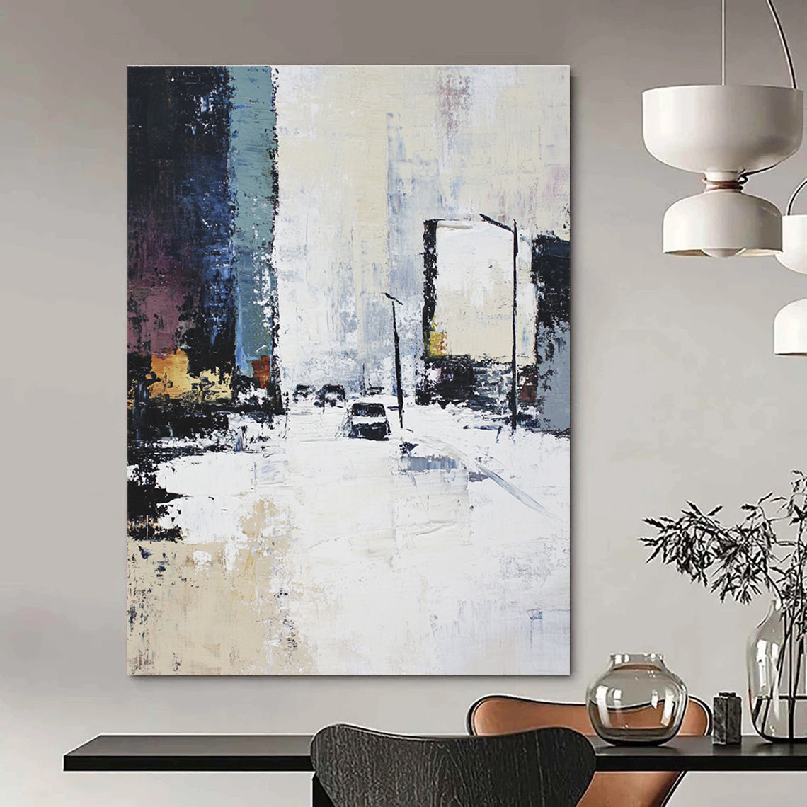 Snowy Urban Street - Winter Cityscape Abstract Painting GAB0572